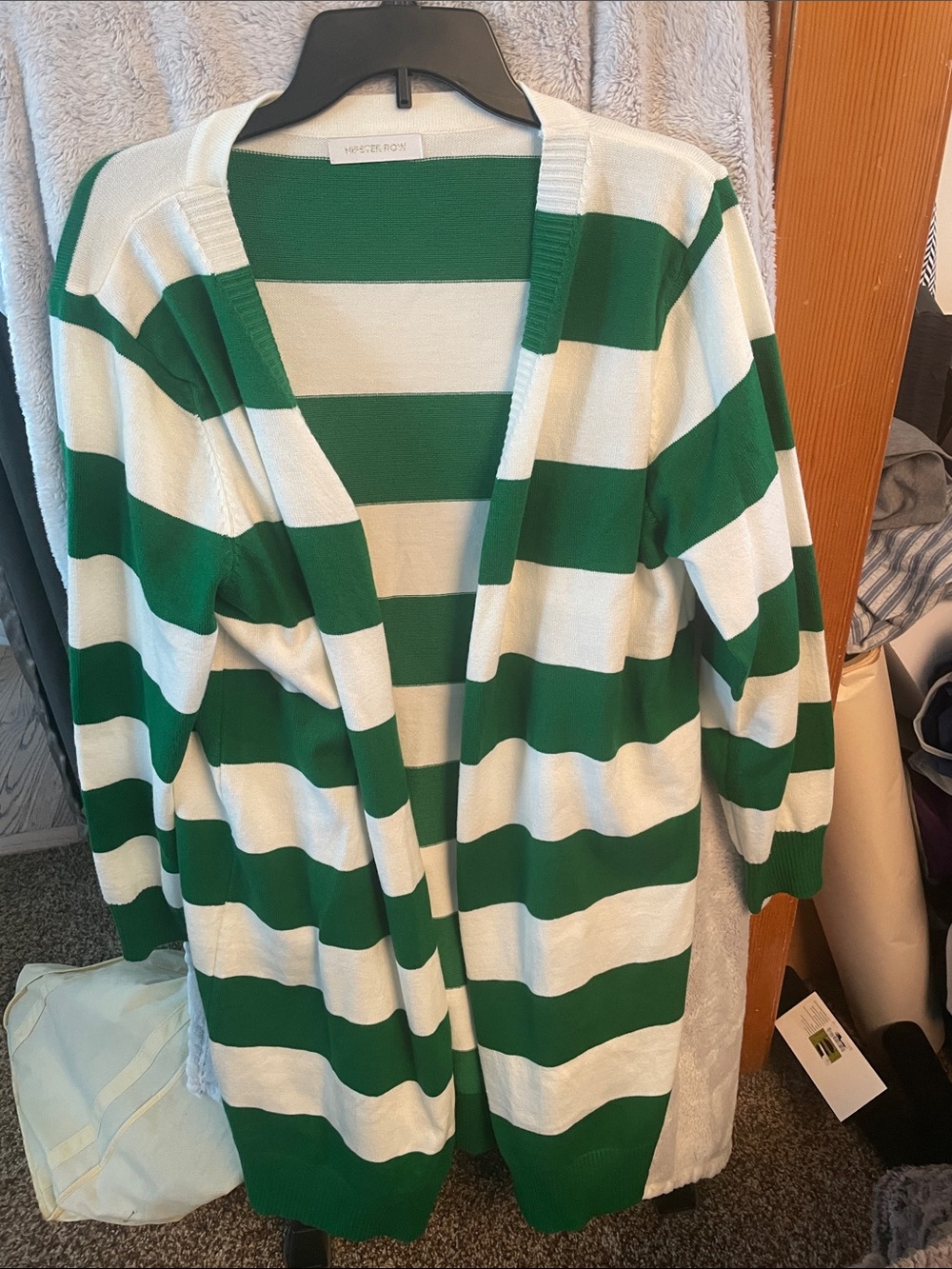 Green and White Striped Open Cardigan